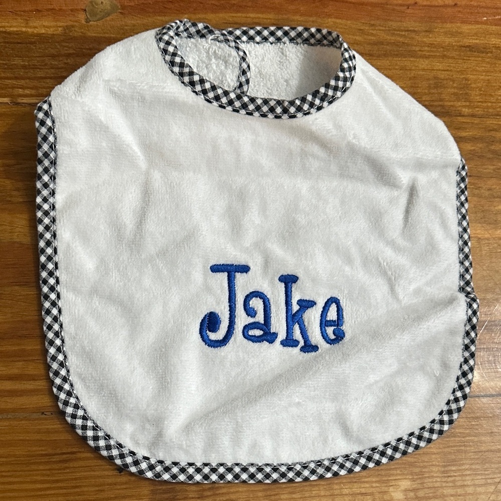 NEW “Jake” Monogrammed White Baby Bib with Blue Embroidery